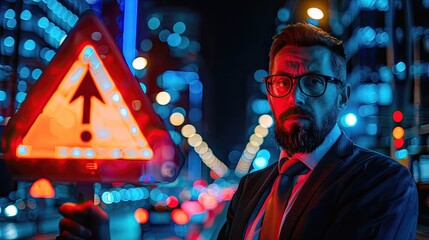 Wall Mural - A man is standing in front of a red and white sign with an arrow pointing up