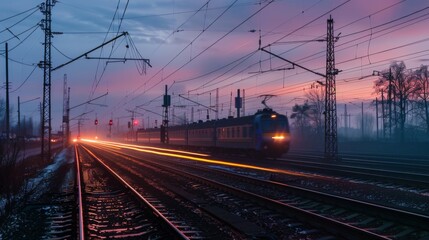 Aufkleber - A train passing under electric wires with power poles along the railway