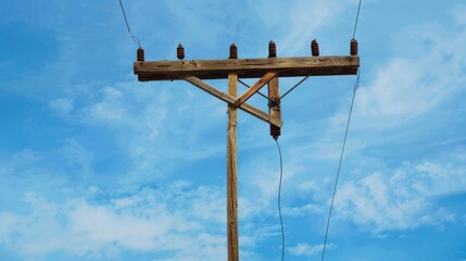 Wall Mural - A vintage power pole with wooden cross arms standing against a blue sky