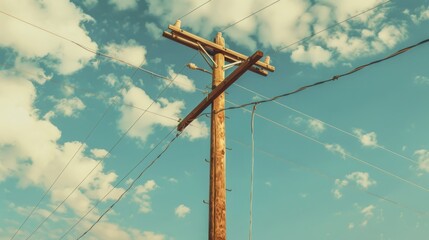 A vintage power pole with wooden cross arms standing against a blue sky