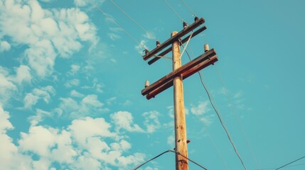 Wall Mural - A vintage power pole with wooden cross arms standing against a blue sky