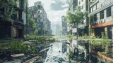 A postapocalyptic urban scene with overgrown vegetation abandoned buildings and a flooded street reflecting the surrounding architecture
