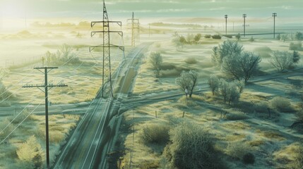 Poster - An overhead view of power lines crisscrossing through a rural landscape