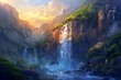 Nestled in a picturesque valley, a cascading waterfall descends gracefully from rocky cliffs, its crystalline waters shimmering in the golden light of dawn