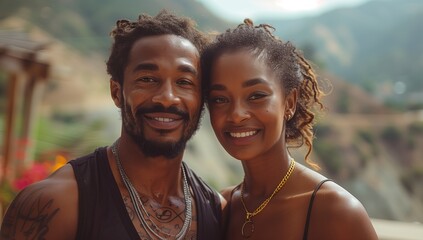 Poster - A happy man and woman smile for a picture together during their leisure travel