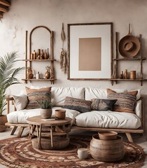 Wall Mural -  Mockup frame in nomadic boho interior background with rustic decor, 3d render 
