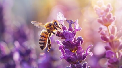 Poster - Macro shot of a honeybee sipping nectar from a blooming lavender flower, surrounded by vibrant purple blossoms.