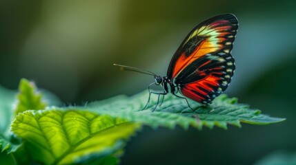 Poster - Macro shot of a vibrant butterfly perched delicately on a green leaf, showcasing nature's intricate beauty.