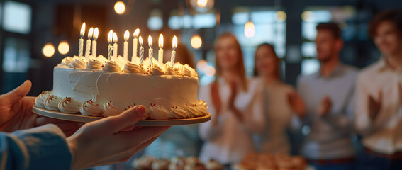 birthday cake and balloon with candles bright with free space for text, .festival or celebration concept