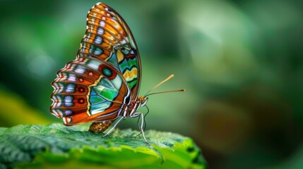 Poster - Macro shot of a vibrant butterfly perched delicately on a green leaf, showcasing nature's intricate beauty.