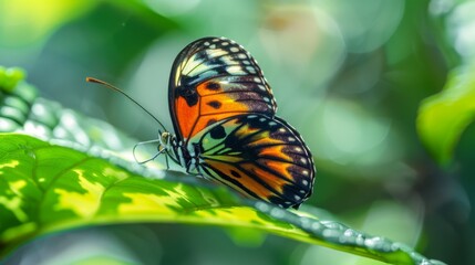 Poster - Macro shot of a vibrant butterfly perched delicately on a green leaf, showcasing nature's intricate beauty.