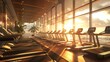 The interior of a sunlit gym featuring rows of treadmills facing a large window with a view of the sunset
