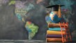 a blue globe wearing graduation cap on top of stack colorful books with ladders, grey background, high resolution photography