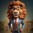 Cartoon lion with glasses and a business suit on a city background