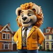 Lion in a jacket and tie with a city in the background.