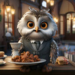 Owl with a plate of nuts in a cafe. 3d render