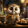 Cute owl with a cup of coffee. 3d rendering.