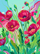 Vibrant Floral Fantasy: Abstract Red Poppies on Teal Background