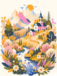 Enchanting Autumn Scenery with Church and Mountains Illustration