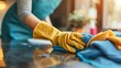 © sorin - Woman cleaning table with gloves and spray, professional housewife tidying home and office