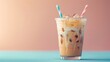 A refreshing summer iced coffee sits elegantly against a soft pastel backdrop,  enticing with its cool allure