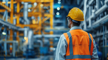 Wall Mural - Worker in safety gear overseeing industrial facility