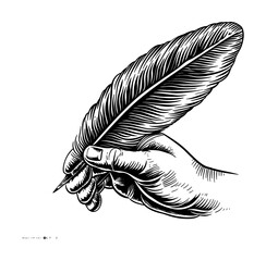 hand hold pen feather engraving black and white outline