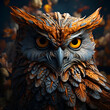 3D rendering of an owl in a dark forest with autumn leaves