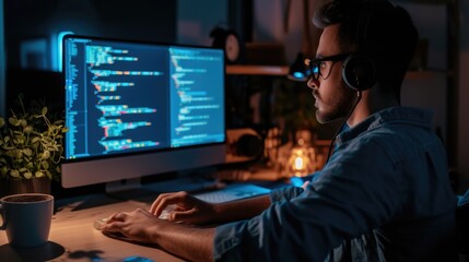 Attractive professional software developer coding program or engineering prompt. Skilled programmer typing computer and laptop while developing system with blurring background. Technology. AIG42.