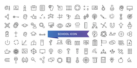 Wall Mural - School icon collection. Related to classroom, students and teacher icons. Education and knowledge symbol. Line icons vector set.