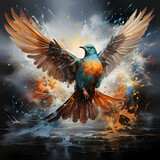 Fototapeta  - Colorful bird with wings spread and splashes on a dark background