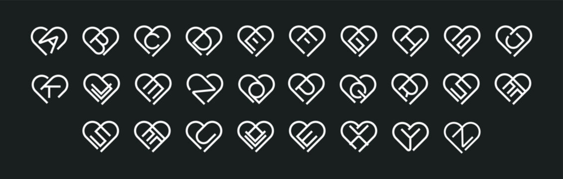 Letters A-Z in Heart logo shape. Abstract alphabet outline minimalist. Used for initials logos, monograms, typography, etc. Designed with creative ideas, elegant and modern.