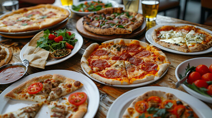 Wall Mural - Food on the table with pizza, bio pizza: cheese, tomato, eastern, salad, vegetarian, mozzarella, romana. Presented with spicy oil and several decorative elements. Served on a round wooden table,pizza 