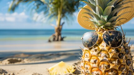 Wall Mural - Pineapple With Sunglasses and Hat Enjoying Beach Day