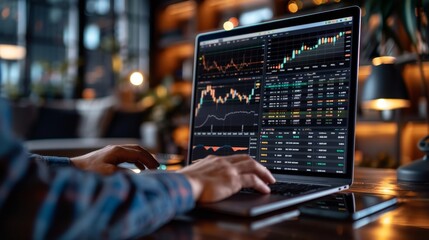 Canvas Print - A photo of a data analyst working on a laptop, with a large data grid displayed on the screen