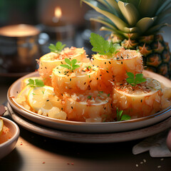 Wall Mural - Appetizer of prawns with lemon and pineapples