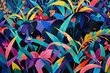 A vibrant and prismatic portrayal of panther forms prowling through the tropical foliage, their sleek and colorful presence adding a dynamic energy