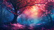 Mystical Blue Forest Path with Flourishing Pink Blossoms and Magical Glow