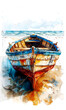 Watercolor painting of a fishing boat on the seashore.