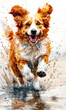 Watercolor painting of a dog running in the water.
