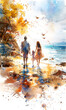Digital watercolor painting of a family walking on the beach in autumn.