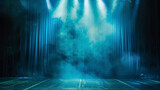 Fototapeta Las - Theater stage with blue curtain, smoke and spotlights.