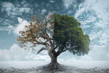 Fototapeta Las - Growing and dried tree. Concept of global warming or climate change.