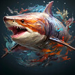 Shark with paint splashes on a dark background.  illustration.
