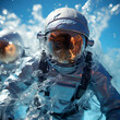 Astronaut in space suit and helmet on the background of water