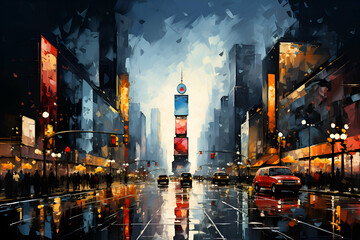 Wall Mural - City with skyscrapers and traffic lights.