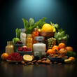 Healthy food selection with fruits and vegetables on dark blue background.