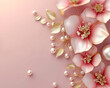 3D Beautiful spring pink flower with golden leavs and pearls on decorative background as wallpaper illustration with copy space, Elegant PinkGold Flower Frame