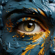 Close up of human's blue eye with paint splashes. 3D rendering