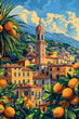 Art depicting a cityscape with green palm trees and oranges under a cloudy sky